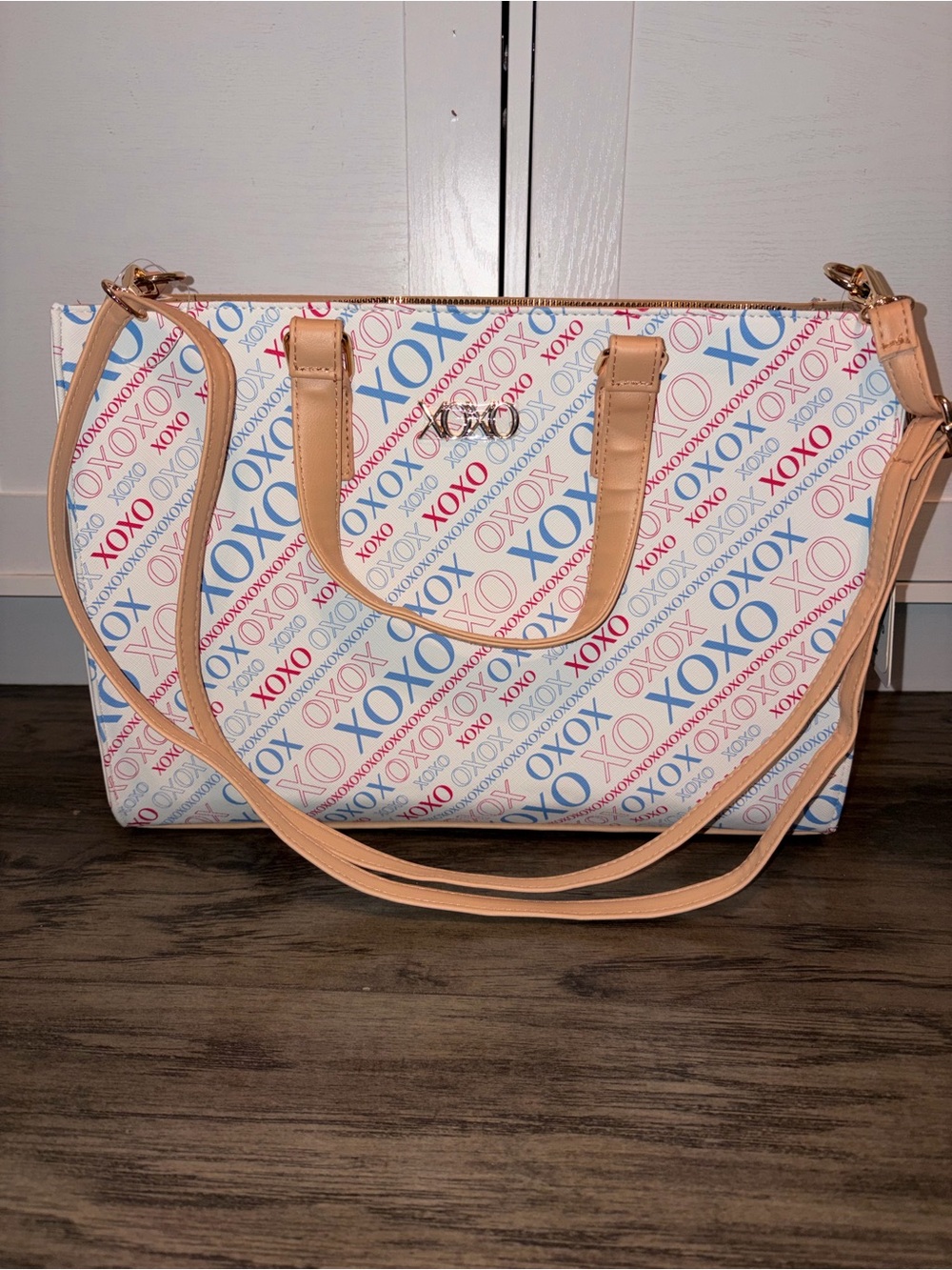 XOXO White Tote with Pink & Blue Logo Print and Tan Straps
